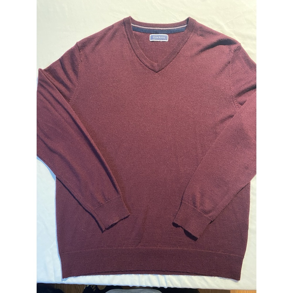 Club Room Men's Large Solid V-Neck Merino Wool Blend Sweater Maroon Golf Preppy